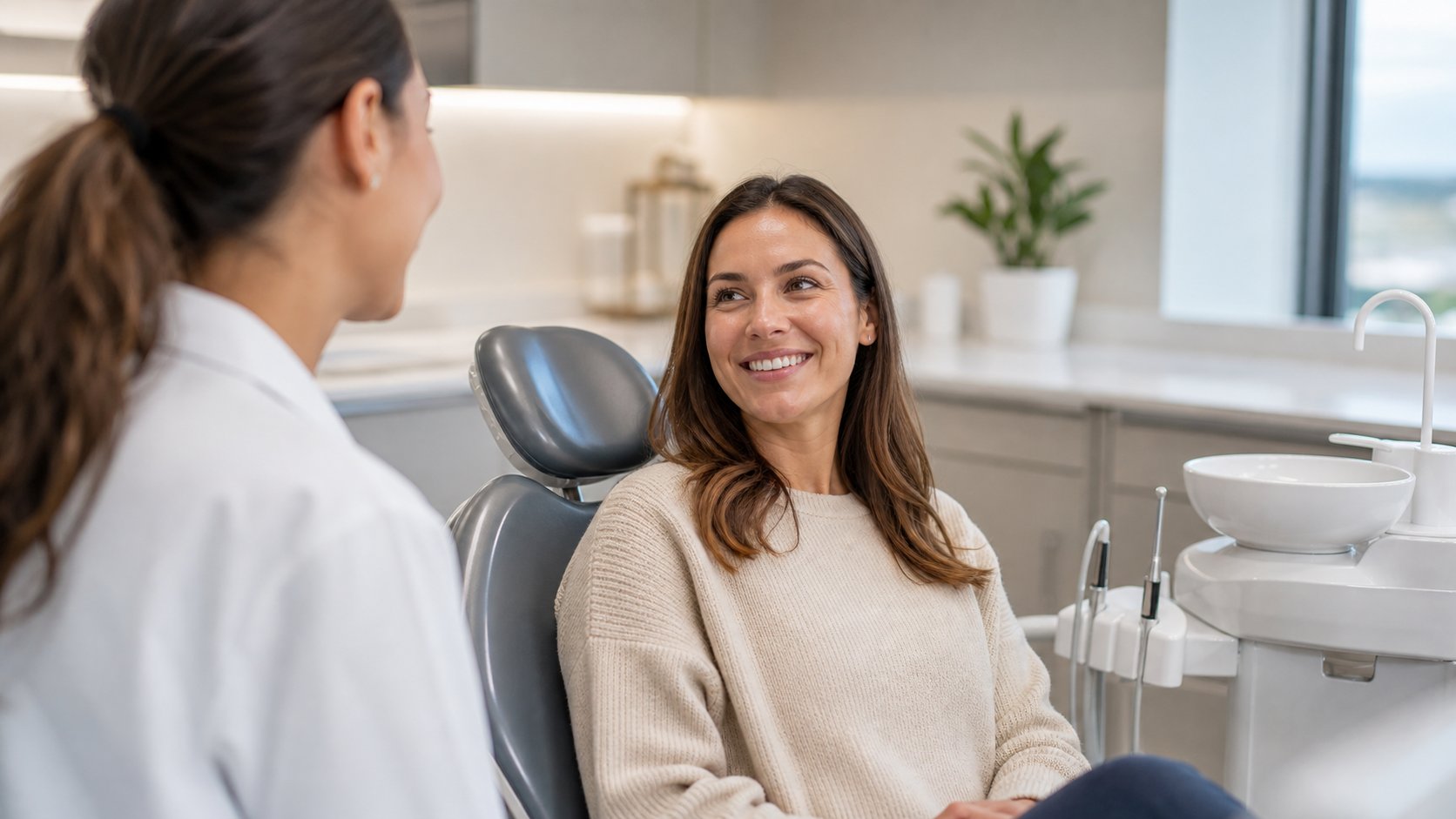 Dentist speaking with a patient in a bright dental office