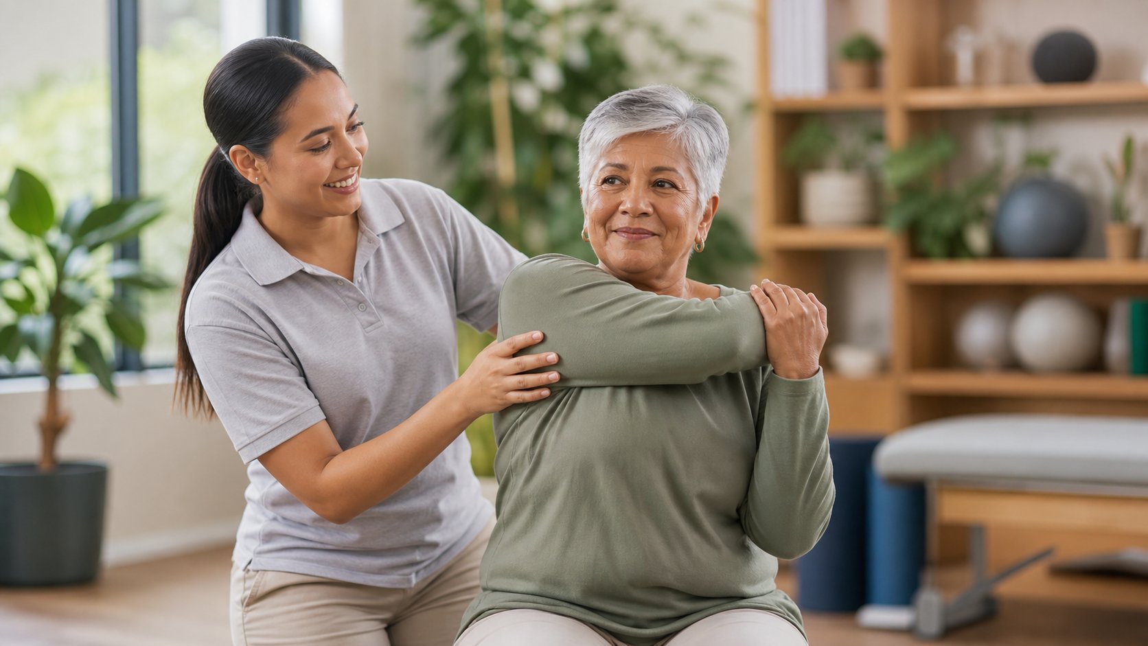 Physical therapist guiding an older adult through a safe stretch