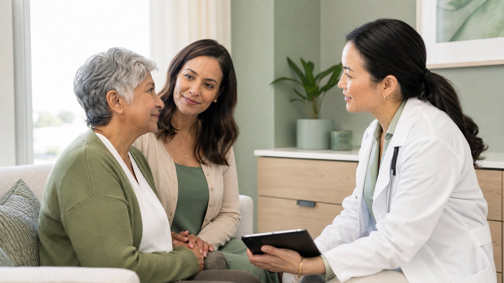 Neurologist listening to an older adult patient and family member